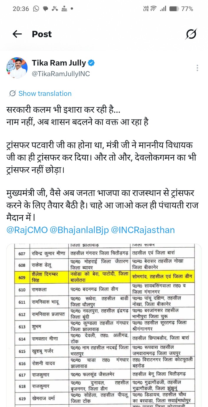 शैलेश सिंह पटवारी ट्रांसफर लिस्ट