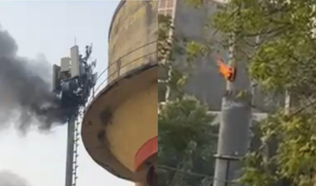 आबादी में खडे़ मोबाइल टावर पर लगी जोरदार आग, लोग मौके से भाग छूटे, देखिए Video